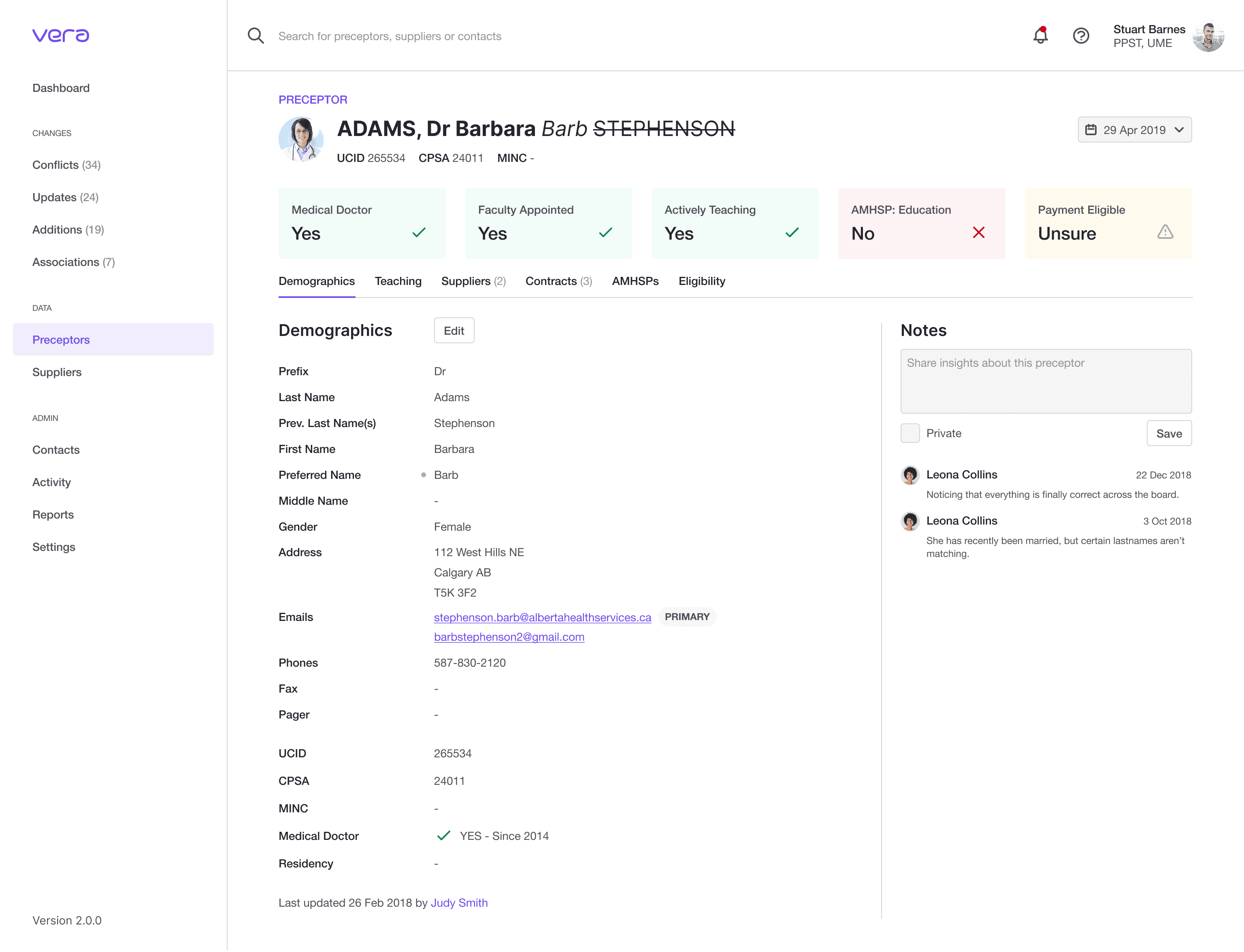 Preceptor Detail Page - Product Design for the Master Data Management System, Vera